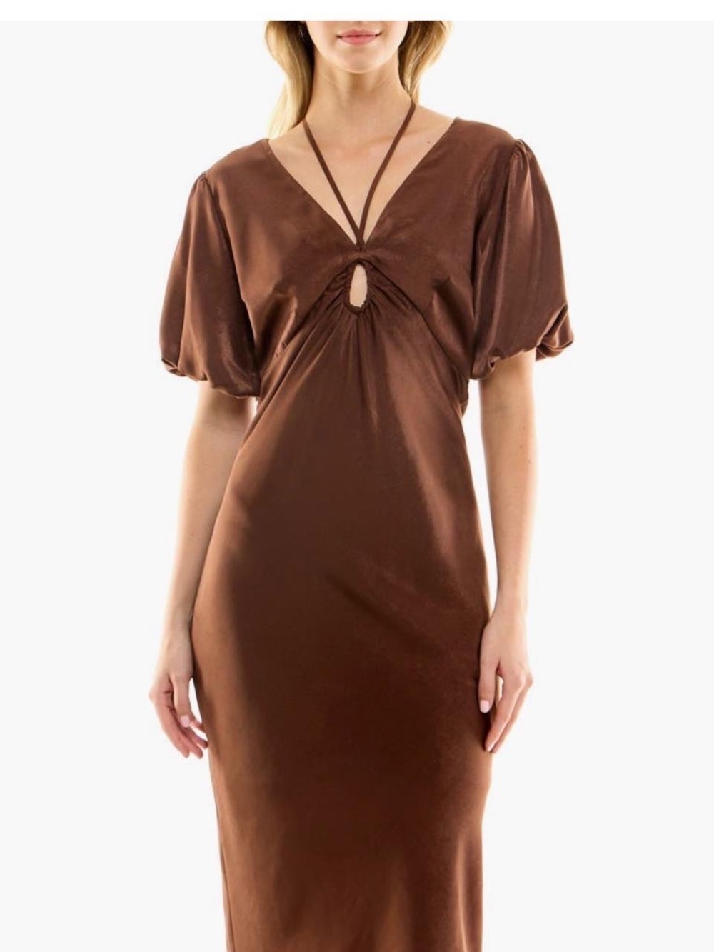 Socialite Puff Sleeve Brown Satin Midi Dress with Keyhole Front